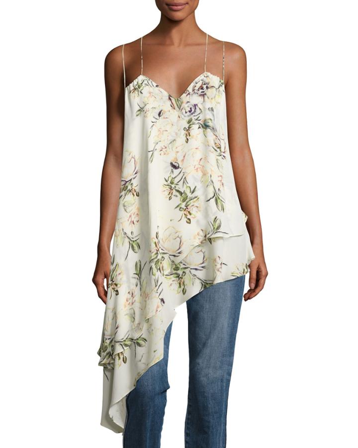 The Darling Floral Silk Asymmetric Tank, White/green