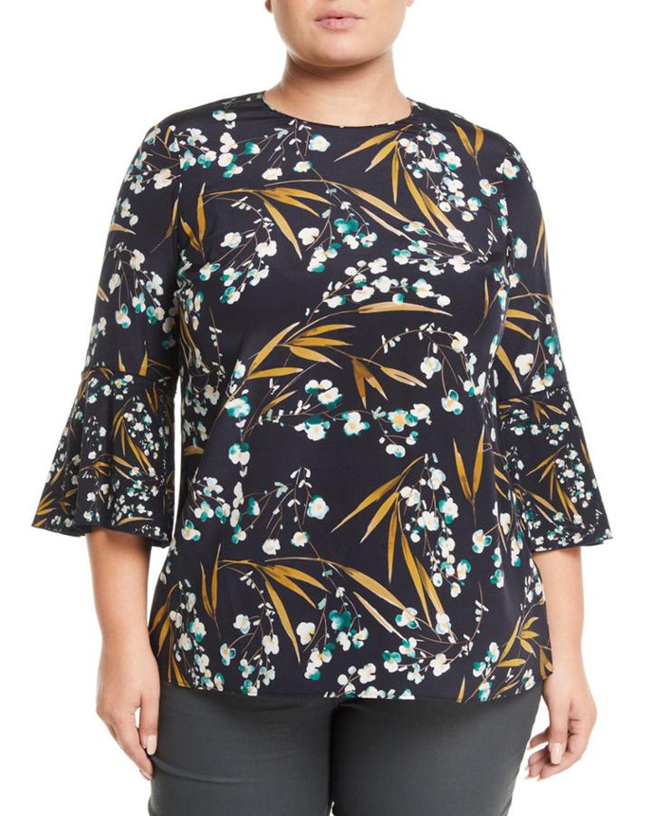 Sidra 3/4-bell-sleeve Moody Floral Silk Blouse,