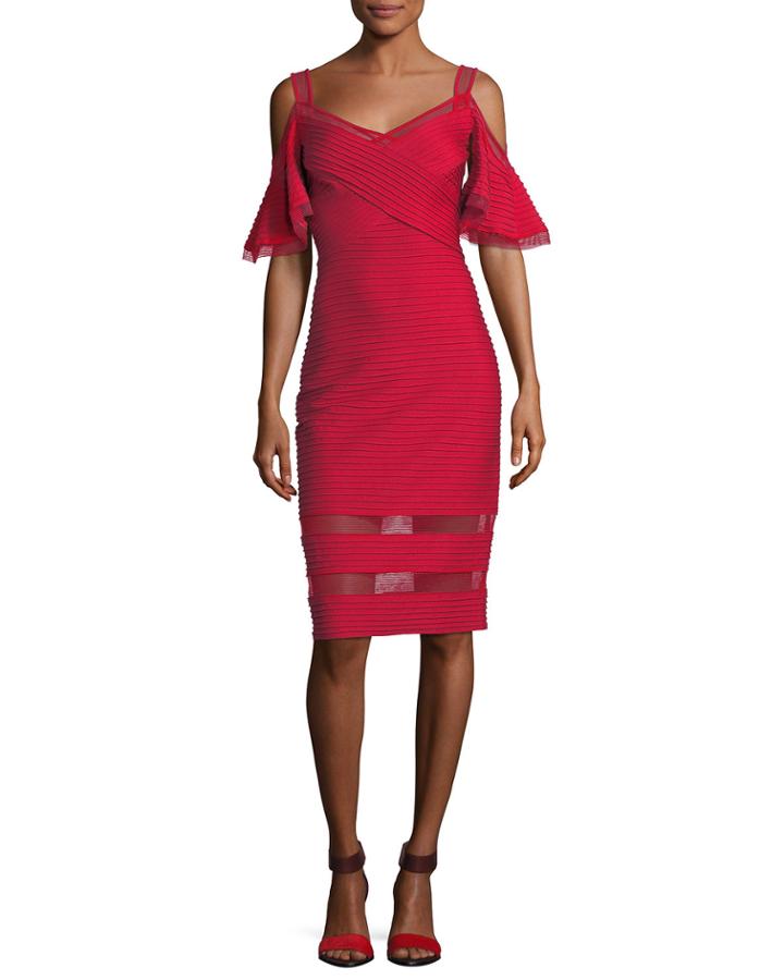 Pintucked Cold-shoulder Cocktail Dress