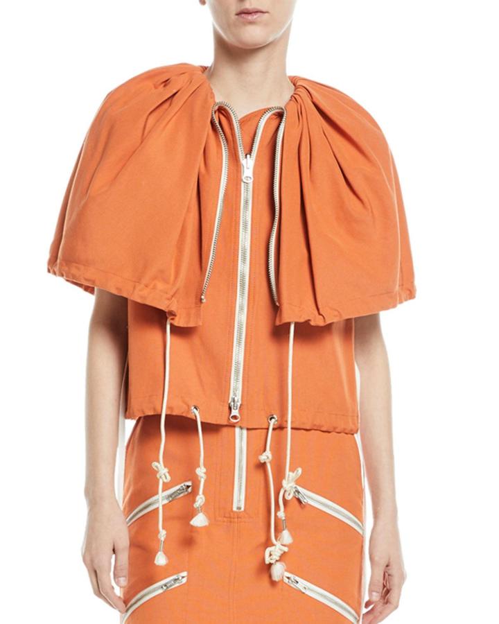 Deep Cape Drawstring Zip-front Canvas Jacket