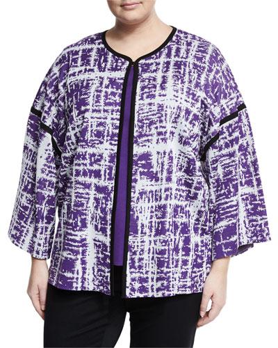 Textured-knit 3/4-sleeve Jacket, Purple/white,