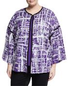 Textured-knit 3/4-sleeve Jacket, Purple/white,