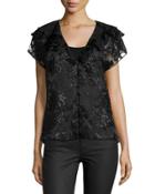 Layered V-neck Cap-sleeve Blouse, Black