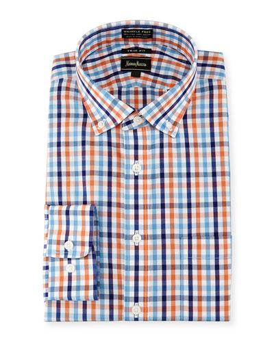 Trim-fit Non-iron Plaid Dress Shirt, Orange/blue