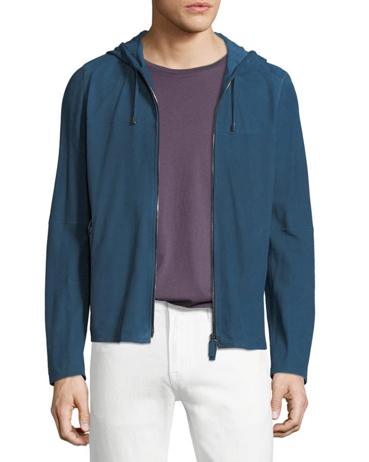 Suede Zip-front Hoodie, Blue