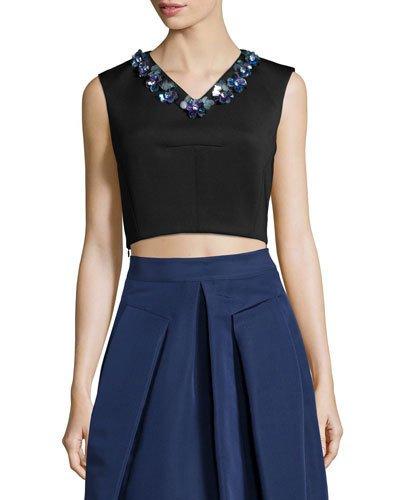 Sleeveless Beaded V-neck Crop Top