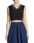 Sleeveless Beaded V-neck Crop Top