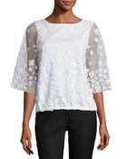 Embroidered Dolman-sleeve Top, White/gold
