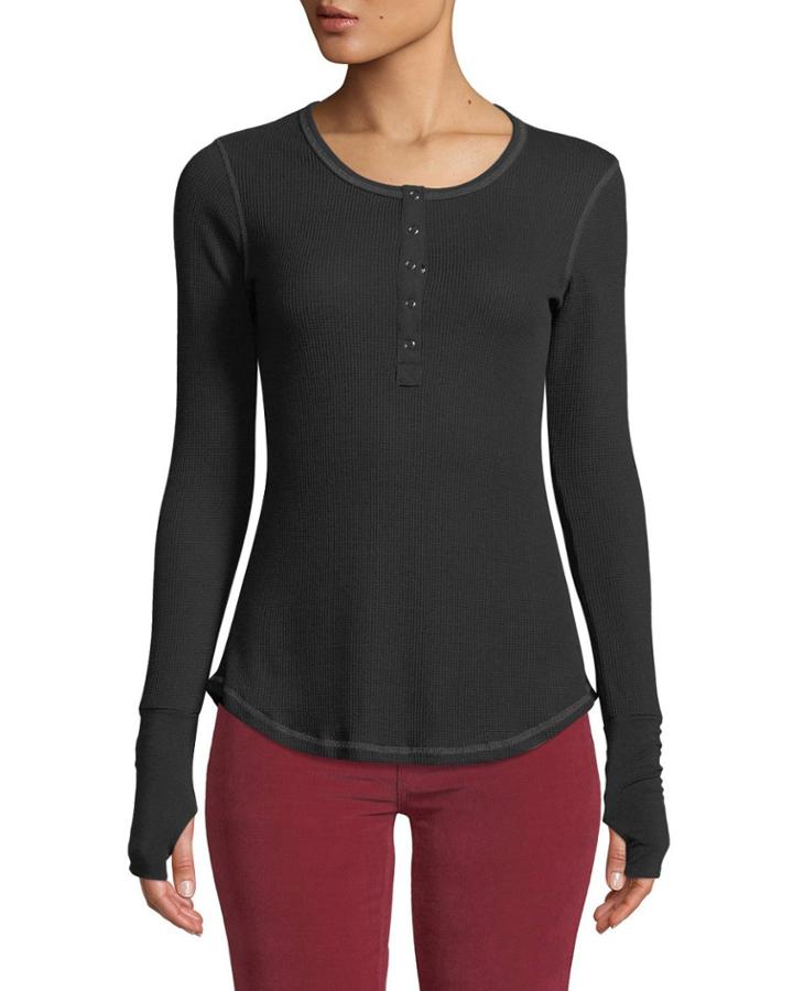 Topstitched Snap-front Thermal Henley Tee
