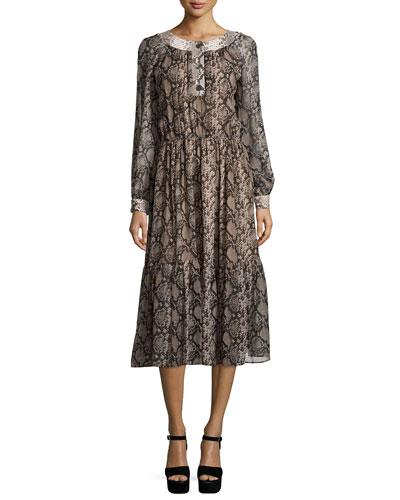 Long-sleeve Python-print Peasant Dress, Taupe