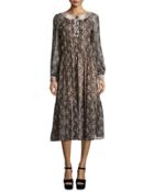 Long-sleeve Python-print Peasant Dress, Taupe