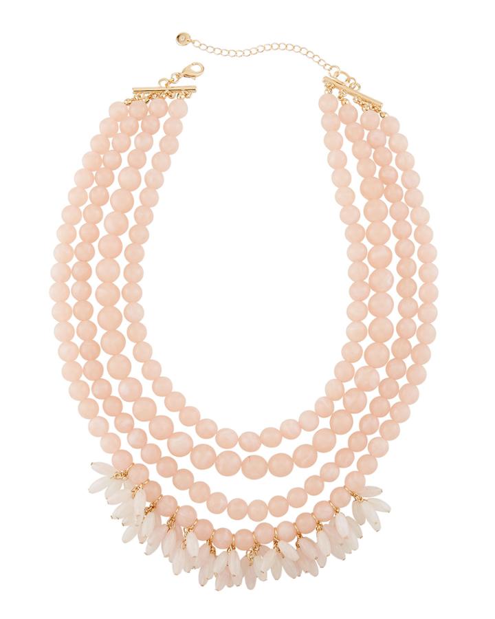 Multi-row Beaded Statement Necklace W/ Dangles, Pink