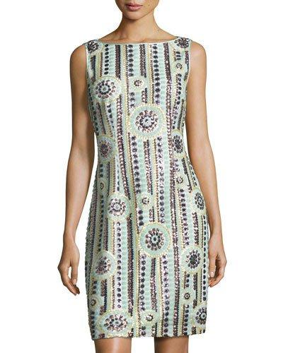 Sequin-embellished Sleeveless Sheath Dress, Blue Pattern