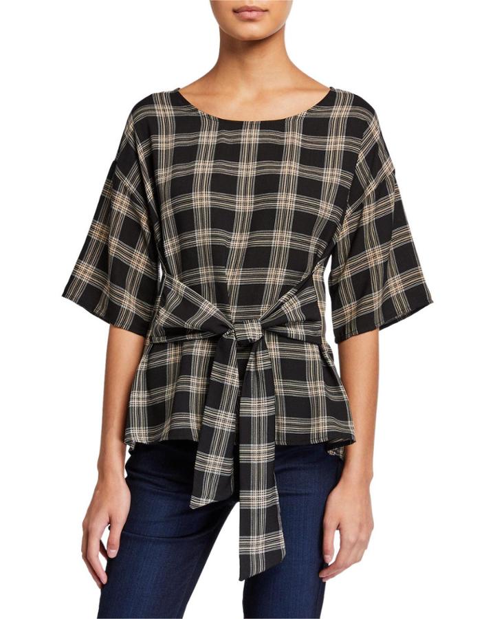 Check 1/2-sleeve Tie-waist Woven Top