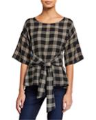Check 1/2-sleeve Tie-waist Woven Top