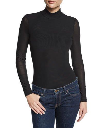 Long-sleeve Mesh Bodysuit, Black