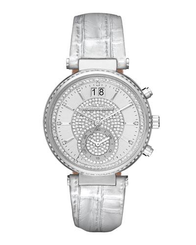 Sawyer Pave Crystal Sport Watch W/ Leather Strap,