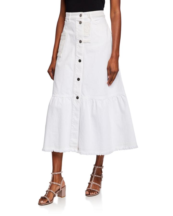 Embroidered Denim A-line Frayed