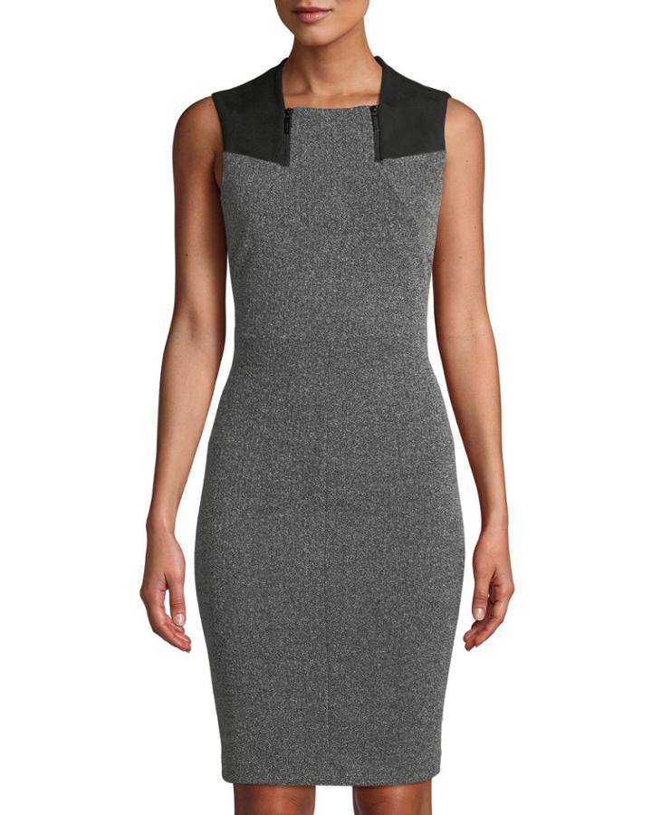 Sleeveless Stretch-tweed Zipper-neckline Dress
