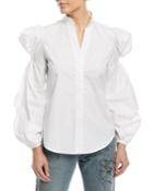 Azores Mandarin-collar Ruched-arm Long-sleeve Poplin Blouse