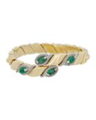 Estate 18k Gold Diamond/emerald Crossover Flex Bangle