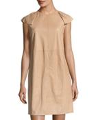 Flutter-sleeve Leather Dress, Beige