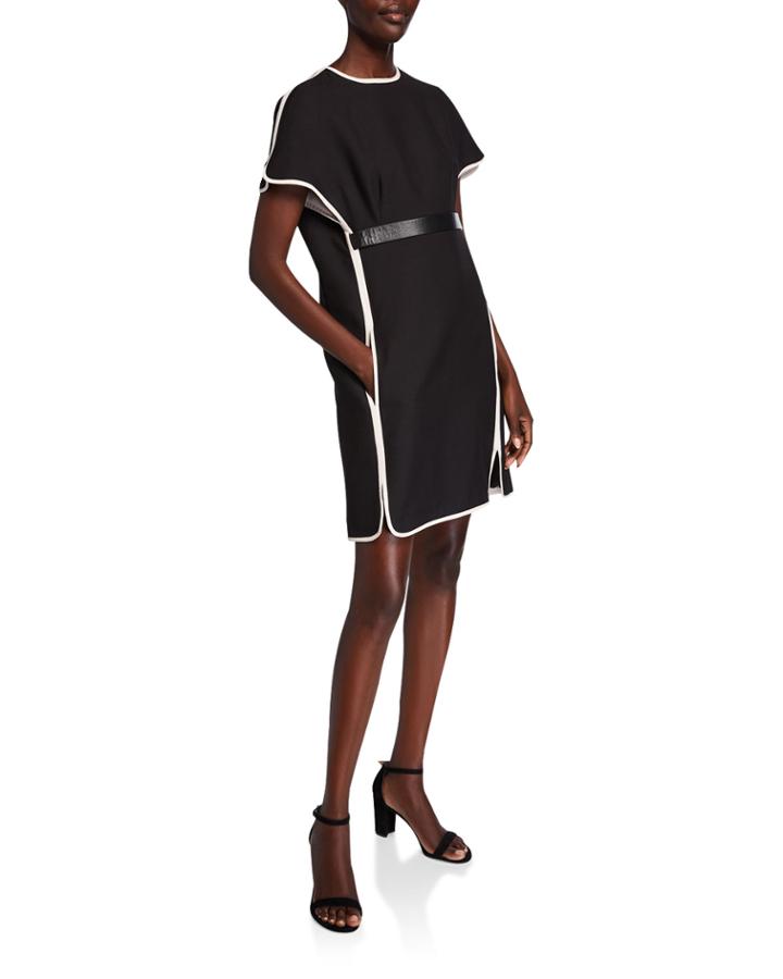 Contrast Trim Leather Belted Wool-silk