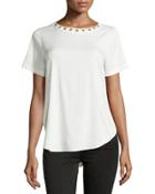 Grommet-trim Short-sleeve Blouse, Ecru