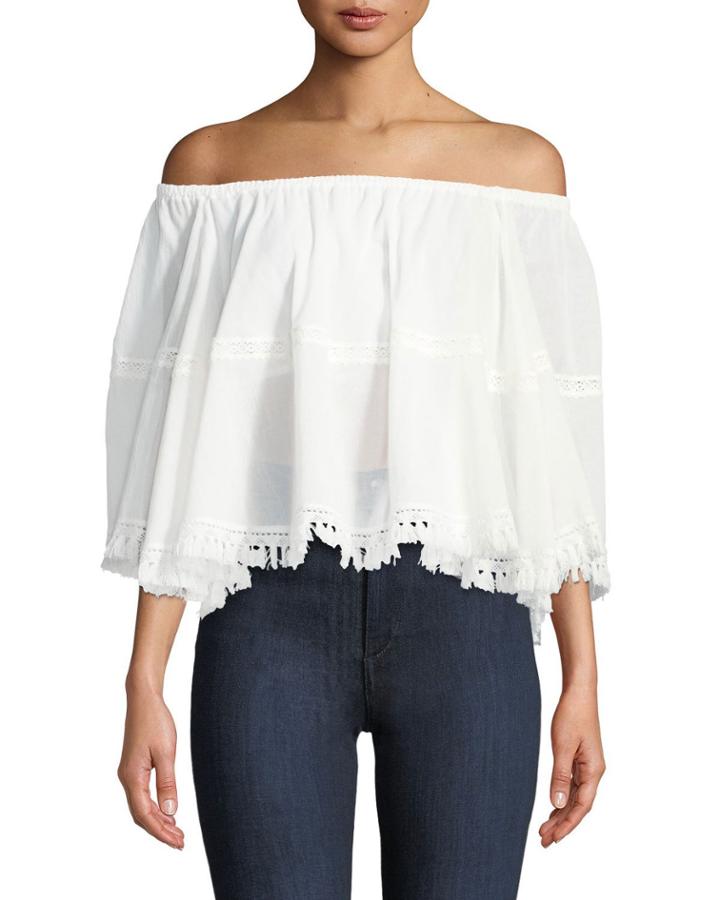 Off-the-shoulder Fringe-trim Peasant Blouse