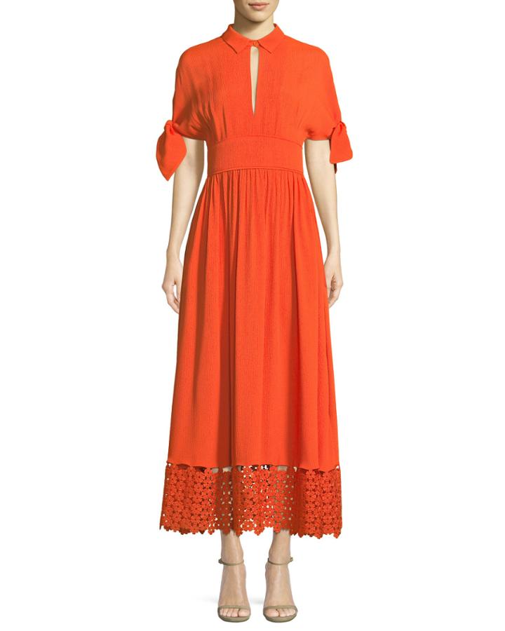 Textured Silk Cloque Tie-sleeve Dress With Embroidered