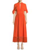 Textured Silk Cloque Tie-sleeve Dress With Embroidered