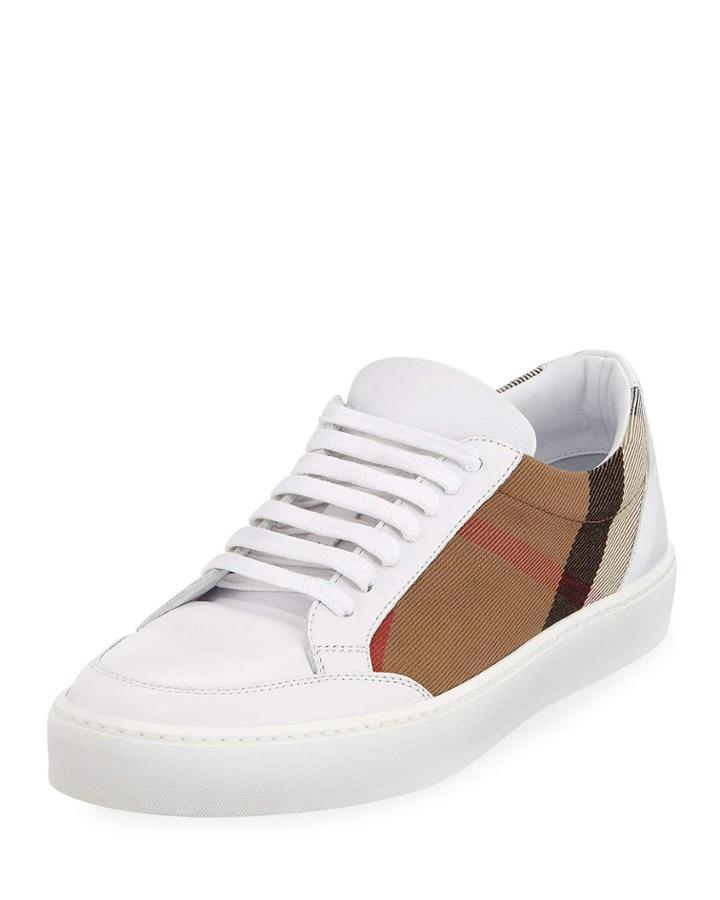 Salmond Check & Leather Low-top Sneakers, White