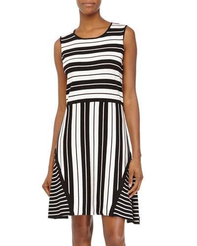 Mix-stripe Sleeveless Dress, Black/white