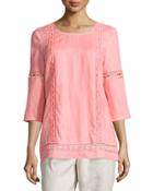Linen Crochet-trim 3/4-sleeve Tunic, Pink