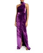 Asymmetric Velvet Halter-neck Gown