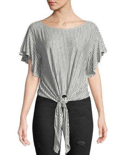 Ruffle-sleeve Tie-waist Tee, White/black
