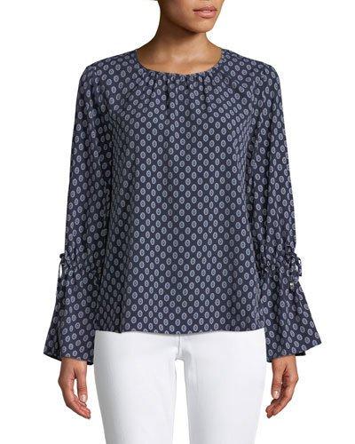 Medallion-print Tie-sleeve Peasant Blouse