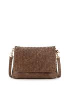 Woven Faux-leather Reptile Shoulder Bag, Cocoa