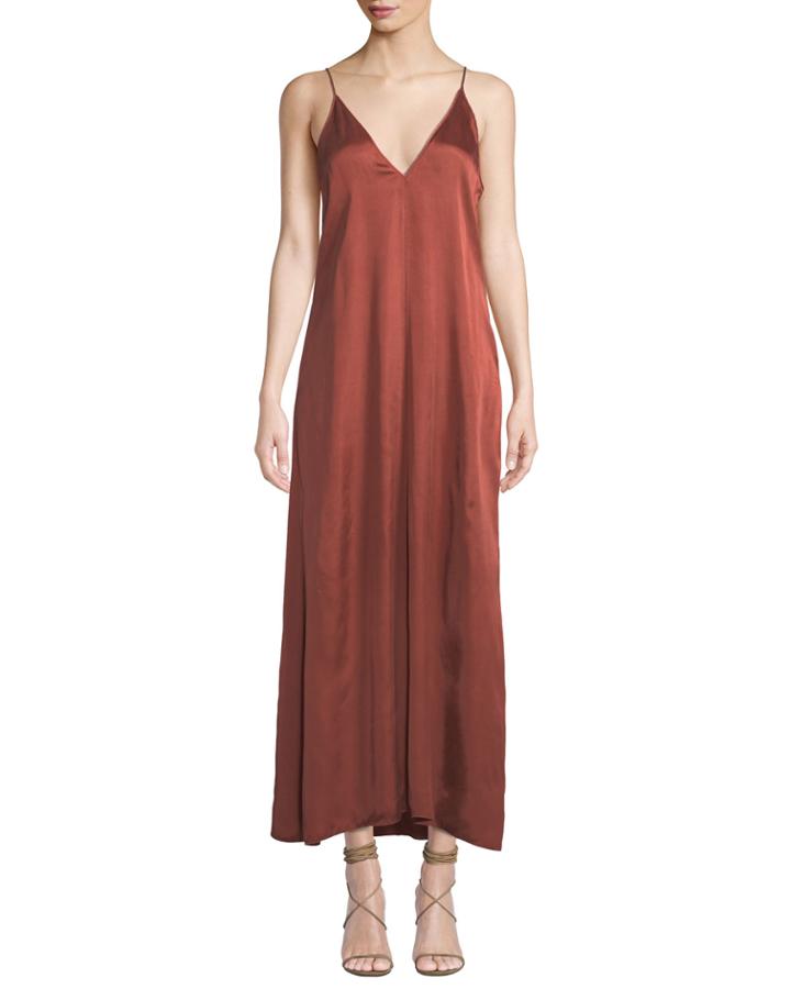 V-neck Sleeveless Long Satin