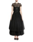 Beaded Fringe Cap-sleeve Tulle Tea-length Gown, Black