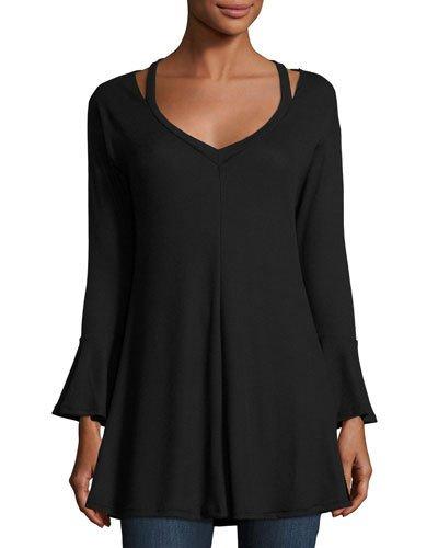 Cut-out Shoulder Waffle-knit Tunic, Black