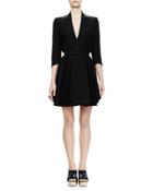 3/4-sleeve Belted Coat Dress, Black