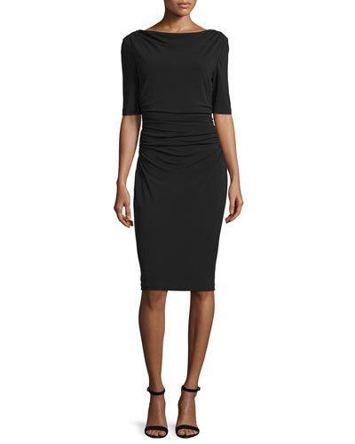 Ruched Matte Jersey Bateau-neck Dress, Caviar
