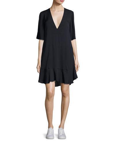 Delaney Short-sleeve Silk Shift Dress, Navy