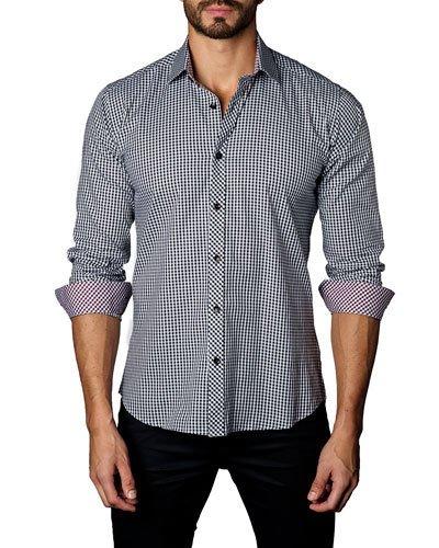 Check-print Sport Shirt, Black/white