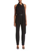 Sleeveless Draped-neck Jumpsuit, Black