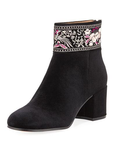 Sibyl Velvet Embroidered Bootie, Black