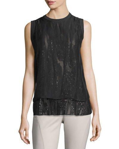Sleeveless Sequined Silk Top, Dark Gray