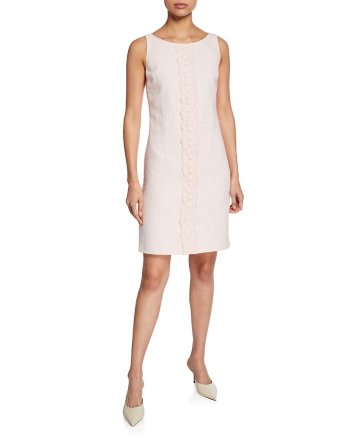 Sleeveless Tweed Knit Dress W Floral-embroidered Front