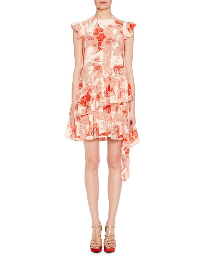 Cap-sleeve Eve-print Silk Dress With Asymmetric Hem